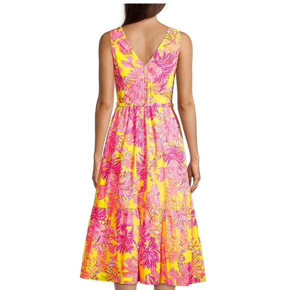 NWT Lilly Pulitzer Bri Midi Dress Calla Yellow Flora Sea Shells Pink V Neck 10 L - Picture 4 of 4